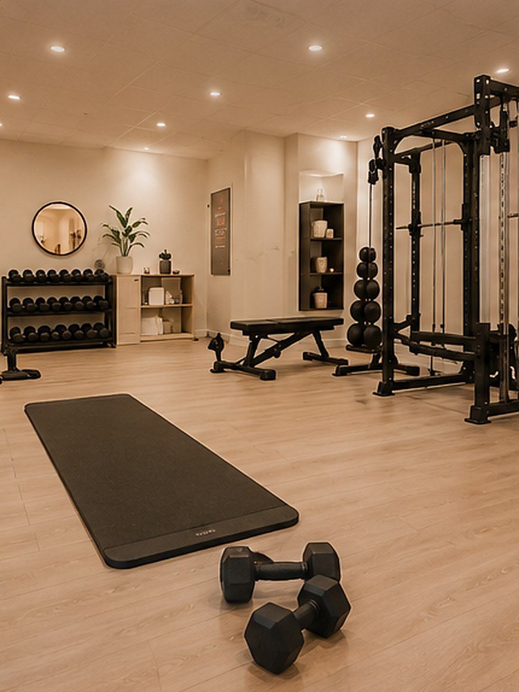 The main studio floor, with free weights, a bench and a training rack