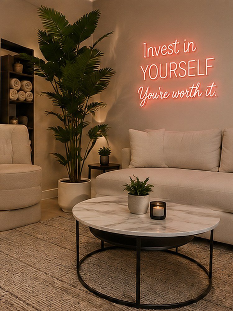 The lounge area, with seating and an "Invest in yourself" neon sign